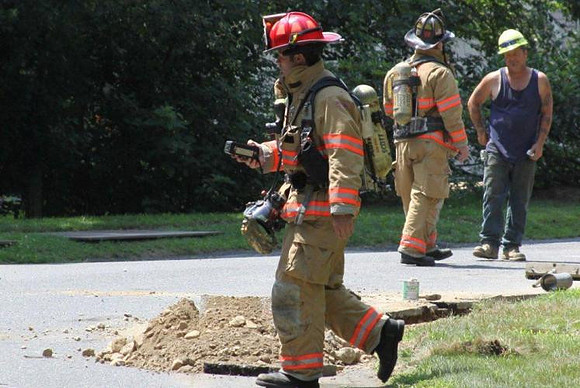July 13, 2011 - Firefighters check a gas leak near 20 Thayer Heights Road at 11:40 AM on July 13th. The leak was caused by a contractor working in the roadway.© Dick Bartlett