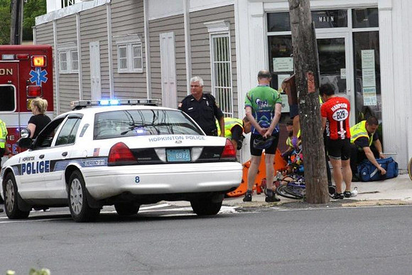 July 24, 2011 - . A bicyclist was in an accident at Main and Cedar Streets at about 11 AM; one person was transported to the hospital.© Dick Bartlett
