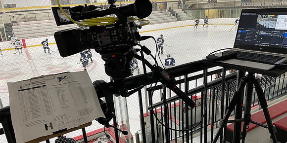 January 18, 2025 - HCAM's Tom Nappi set up for the multitasking venture of announcing while filming Hopkinton Hiller Boys Hockey VS Medway